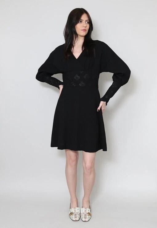 70's Vintage Betty Barclay Black Crepe Embroidery Long Bell Sleeve Mini Dress