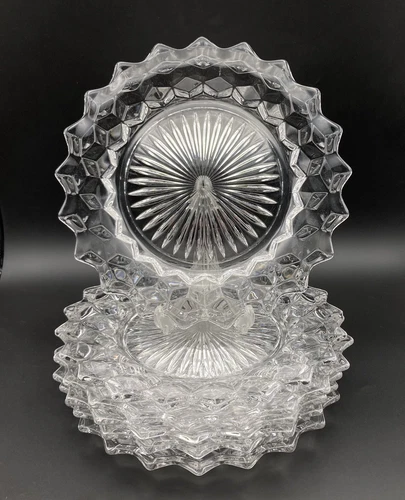 6 Set Vintage Fostoria American Clear 9.5" Glass Dinner Plates Cubist Pattern