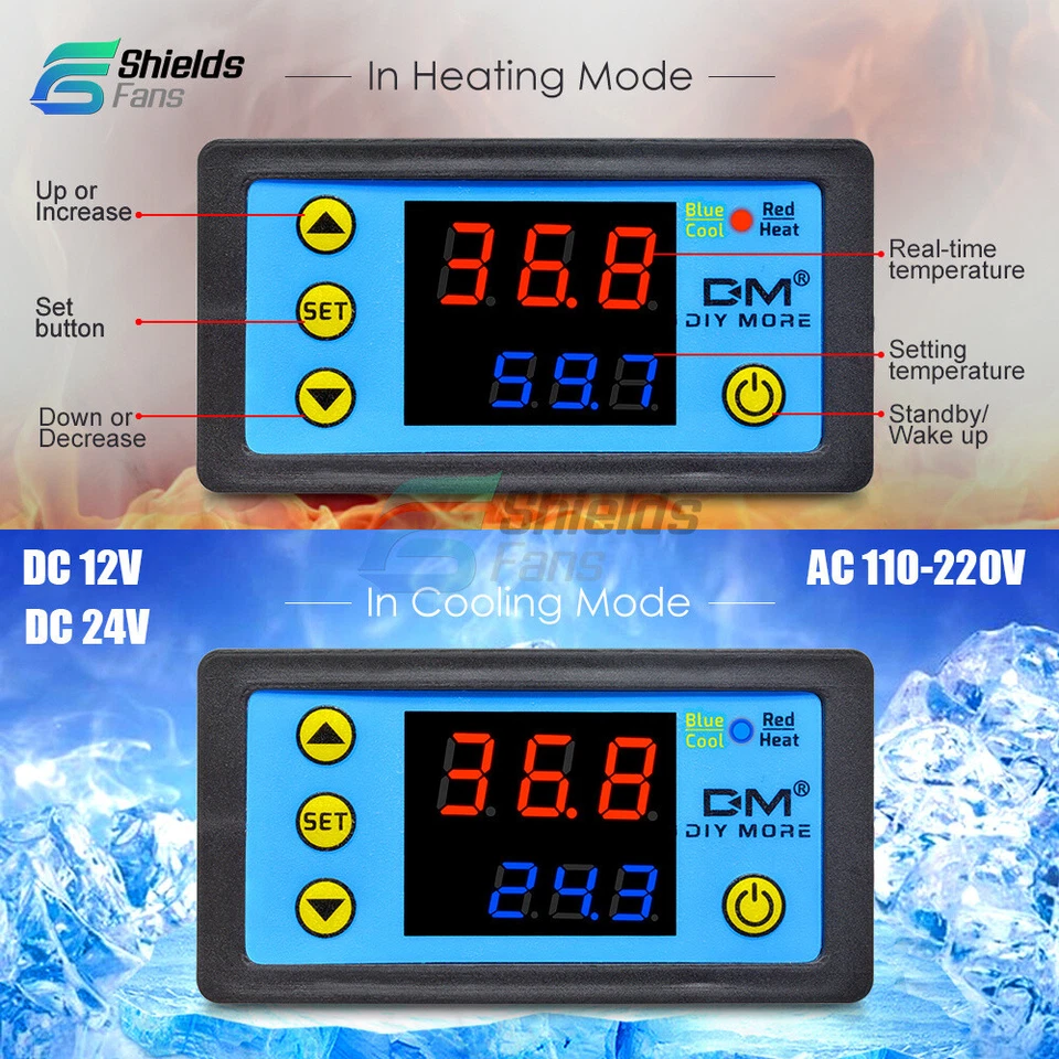 Digital DC 12V/24V W3231 Dual Thermostat Temperature Controller NTC AC 110-220V - Image 2 of 4