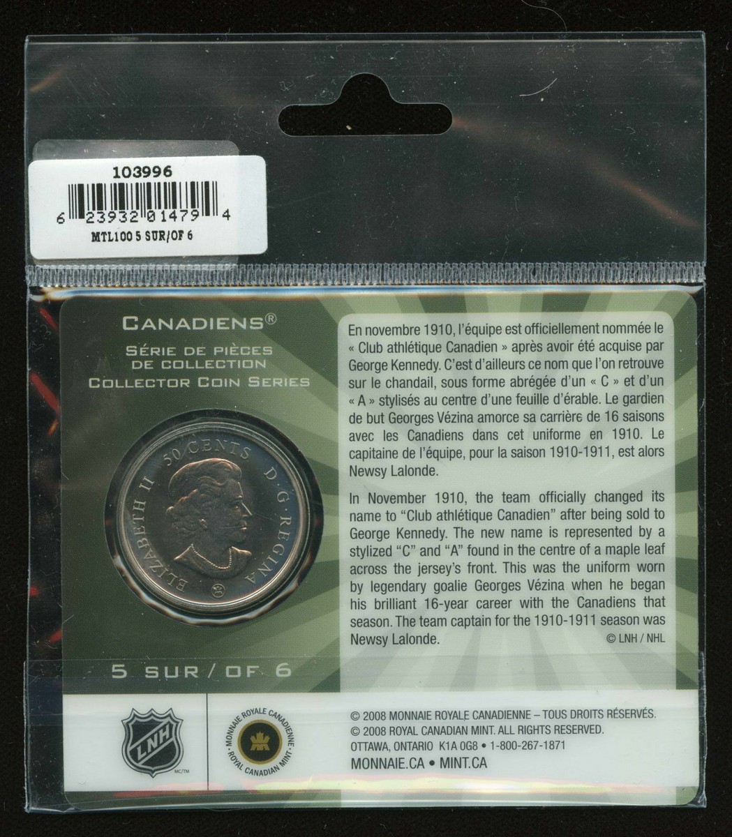 Canadian Mint Canadiens 2009 Centennial 50 Cent Coin - Collector Series 5  Of 6 1910-1911 Anniversary 2009 Centennial Coin