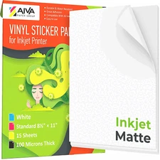 Printable Vinyl Sticker Paper for Inkjet Printer Matte White 15 pcs Letter Size
