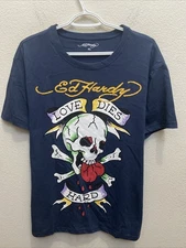 Ed Hardy Men's XL Blue Short Sleeve "Love Dies Hard" Skull Heart T-shirt NWT