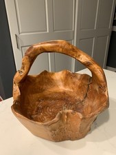 Hand Carved Wood Basket Sculptural Knobby Burl Bowl With Leather