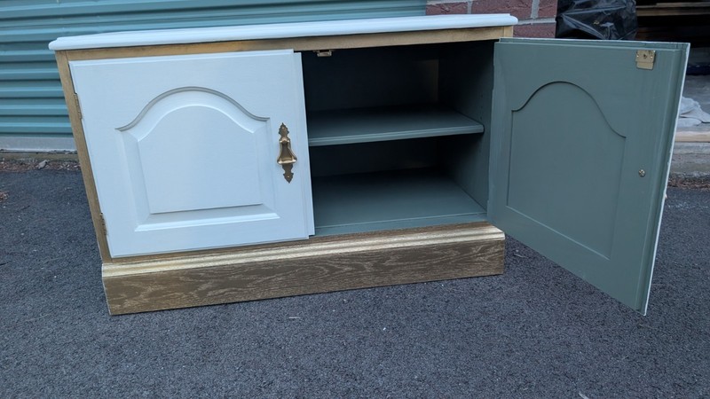 White Painted Wood Freestanding Cabinet, 2 Raised Panel Doors, 1 Shelf, Brass