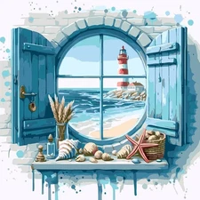 Beach Lighthouse Paint by Numbers Kit for Adults Oil on Canvas Full Drill Canvas