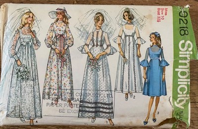 1970 s Vintage Simplicity 9218 Empire Wedding Dress Sewing Pattern Size 10 RARE