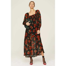 RIXO Yas Dress Black Red Floral Print Square Neck Long Sleeve Tiered Midi Dress