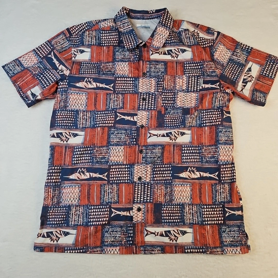 Columbia Men's PFG Vented Short Sleeve Blue Billfish Print Fishing Shirt Large