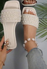 Women's Beige Flat Slip-On Open Toe Slide Sandals Beaded Accent Spring/Summer 7