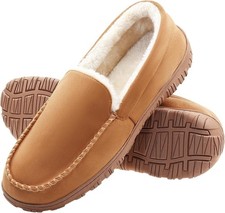 Mens Moccasin Slippers Memory Foam Slippers Warm Plush Fluffy Indoor/Outdoor ...
