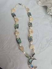 Abalone Shell  Crescent Moon Necklace Alpaca Mexico Potato Pearls 11" long