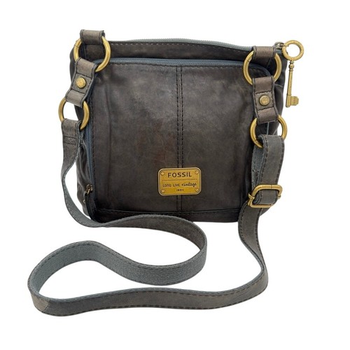 Fossil Long Live Vintage Leather Crossbody Bag Brown Brass Key Charm Zip
