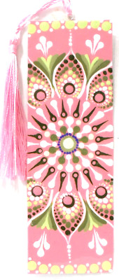 BOOKMARK MANDALA DOT PAINTING/ SHADES OF GREEN,WHITE,MAUVE - ON MAUVE BACKGROUND