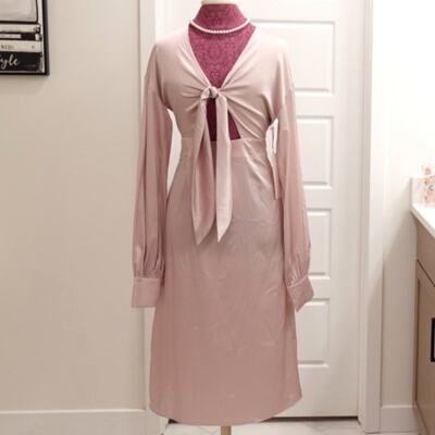 episode silk dress EPISODE Satiny Rose Pink Dress with a cut out Waist and Bow Detail
