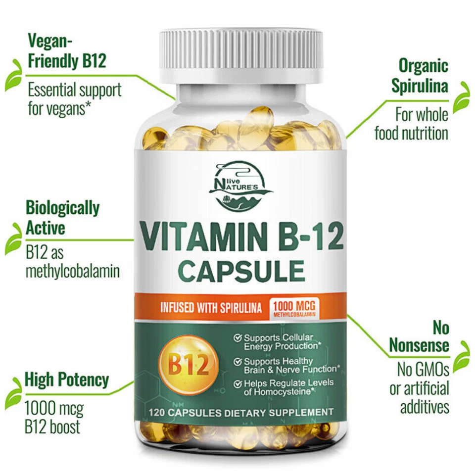 120/240/480 Cápsulas - Vitamina B12 (Metilcobalamina) 1000mcg, ESPIRULINA No OGM Foto 3 de 4