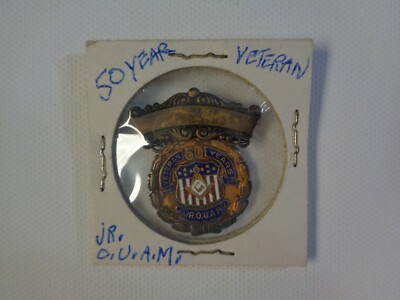 Vintage Masonic sign, pinback, 50 Year Veteran, JR. O.U.A.M., age unknown - Old