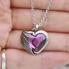 Stainless Steel Heart Necklace with Purple Crystal and single Angel Wing Design