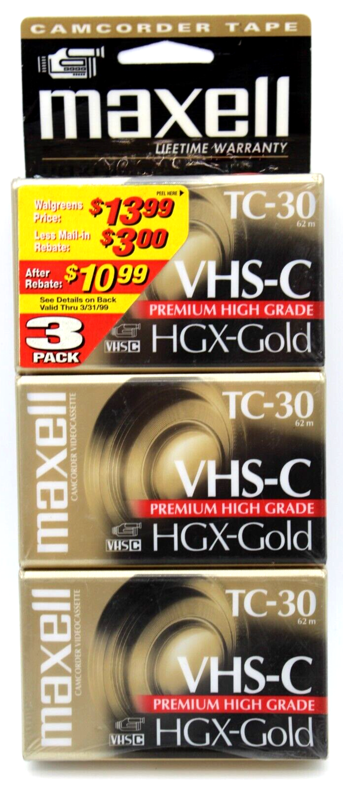 Maxell Camcorder HGX-Gold Videocassette 3 Pack VHS-C Tapes TC-30 NEW / Sealed-image