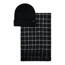 Dockers Men's Black Flat Knit Beanie & Grid Scarf Cold Weather Set Box - NEW