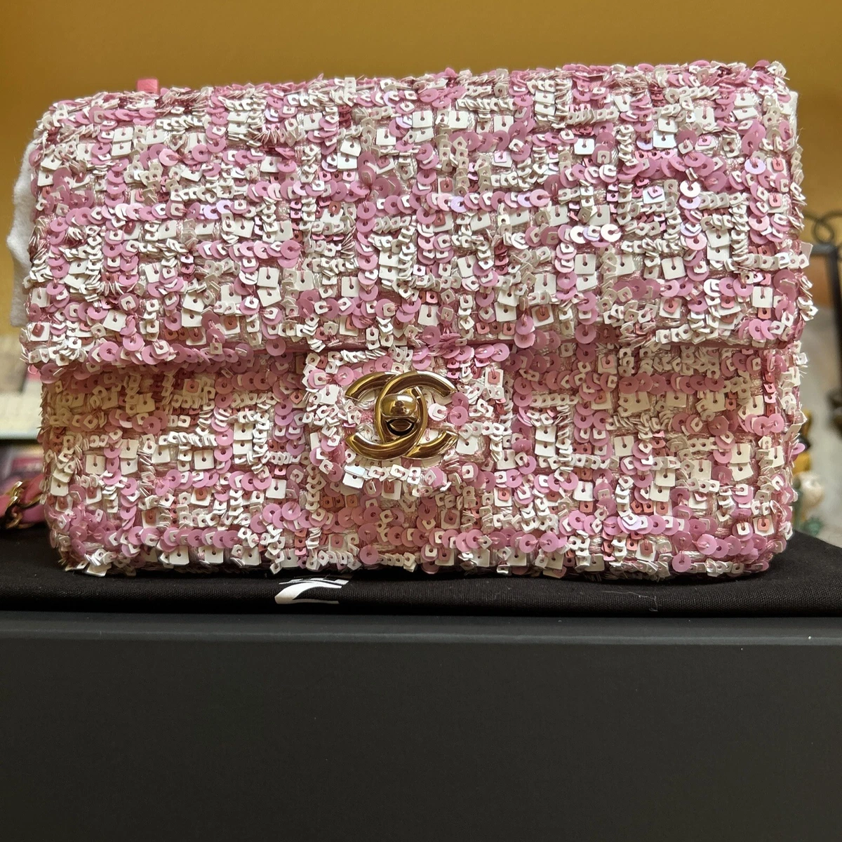 NWT Chanel Small Flap Bag Sequins Pink White gold tone metal 23P