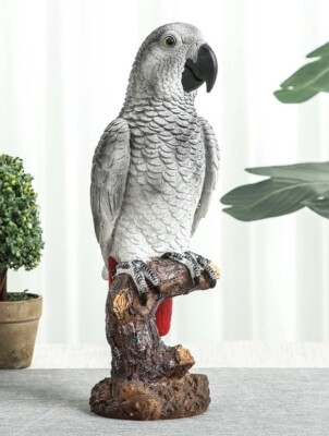 African Grey Parrot Bird Statue Fairy Sculpture Tabletop Figurine Home Decor