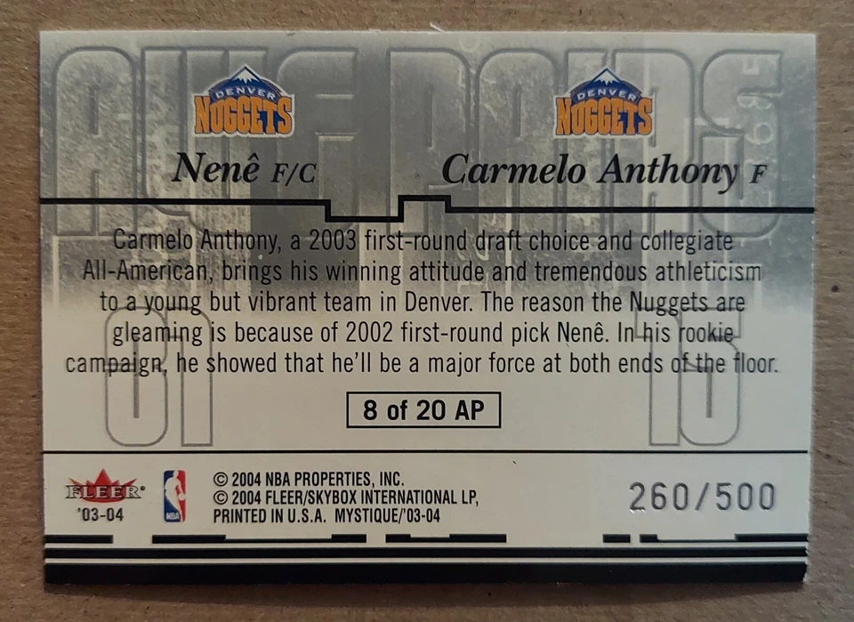 2003-04 Fleer Mystique Awe Pairs CARMELO ANTHONY / NENE SP #/500 Rookie RC - Image 2 of 3