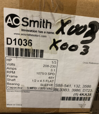 A. O. Smith D1036 Motor 1/3hp 1075rpm  208v 3Spd Motor  X003