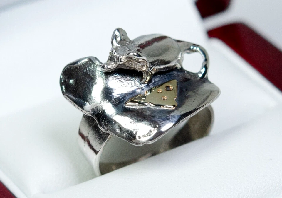 585 Gold/ 925 Silber - vintage Designer Ring - Handarbeit - "Maus & Käse"