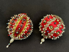 Lot of 2 Handcrafted Push Pin Bead Sequin Satin Ball Christmas Ornaments Vintage