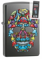 Zippo 49135 Mushroom Skull Design Black Ice Lighter + FLINT PACK