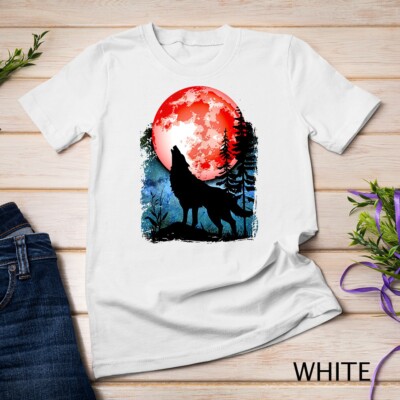Wolf Howling Red Blood Moon Galaxy Star Night Lunar Eclipse Unisex T-shirt