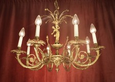 "ANTIGUA FIGURA DE QUERUBÍN DE BRONCE ARAÑA FRANCESA 8 LUCES Ø 28,7"""