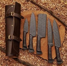 Handmade Steel BBQ Kitchen Chef  knife set with leather roll bag, best gift.