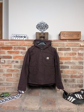 Image of Carhartt Active Jacket Lined Canvas Workwear Coat Burgundy Size Small Hood