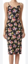 $375 ALICE AND OLIVIA Delora Midi Dress Size 6 Black Floral Bodycon