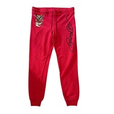 Ed Hardy Jogger Sweatpants Women  s Large Red Drawstring Tattoo Graphic Print