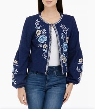 Cupio Navy Blue Boho Floral Embroidered Puff Sleeve Crop Jacket-L