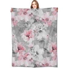 Pink Floral Blanket 50x60in, Grey White Peony Fleece Throw Sofa Bed Decor Soft
