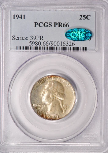 1941 TONED Washington Quarter Proof PCGS CAC PR66 PF 66 Light Toning Old Holder
