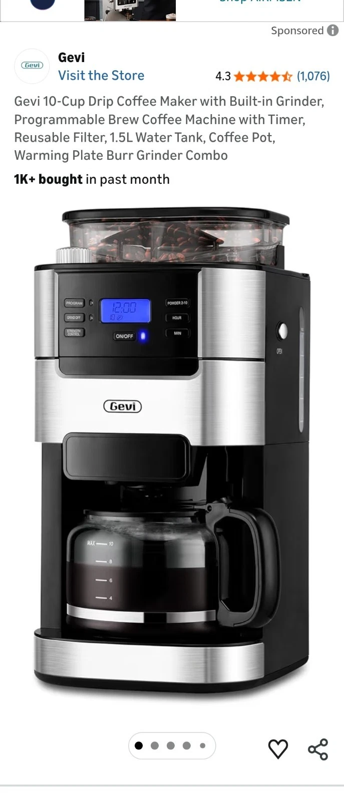 Gevi 10-Cup Drip Coffee Maker Built-in Burr Grinder Programmable Timer 1.5L