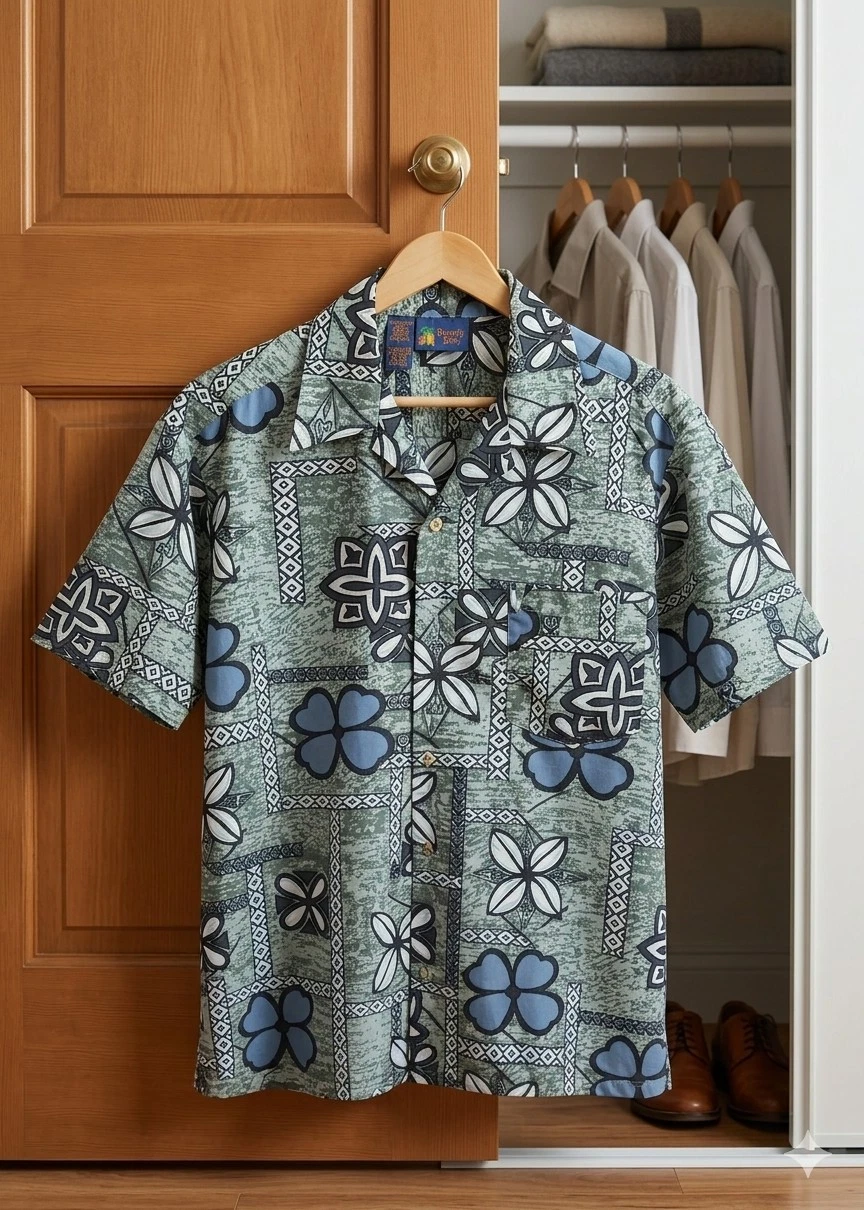​Roundy Bay Mens L Hawaiian Shirt Geometric Floral Print Tiki Boho Sage