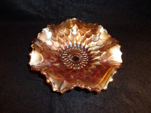 Antique Dugan Fish Scales And Beads Orange Marigold Carnival Glass Candy Bowl 7”