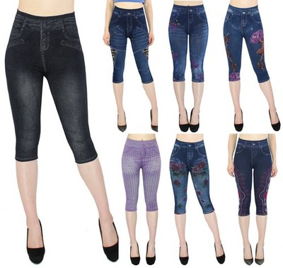 Capri Damen Leggings 3/4 Kurze Stretchhose in Jeans Optik & Blumendruck Jeggings