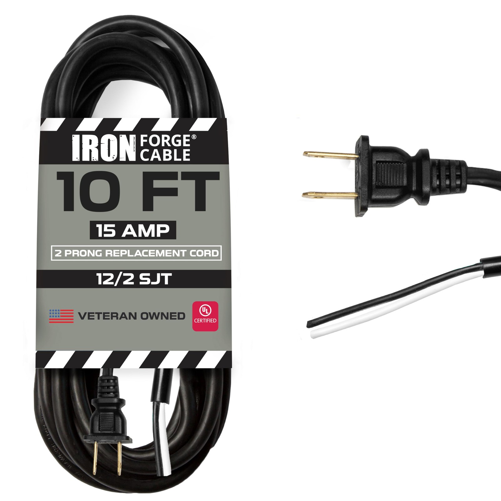 12 AWG Replacement Power Cord with Open End - 10 Ft Black, 2