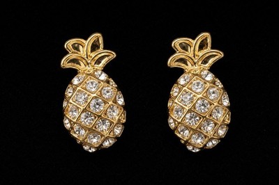 Vintage Gold Pineapple Pavé Rhinestone Stud Earrings Butterfly Back