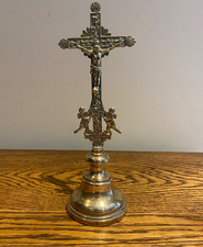 ANTIQUE BRASS LARGE ORNATE ALTAR CHURCH CRUCIFIX