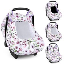 Baby Car Seat Cover Winter Windproof Infant Canopy Purple Flowers Minky Dot Back