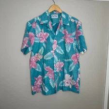 Kai Nani Men's Hawaiian Shirt Blue Pink Floral Print Button Up Made in Hawaii