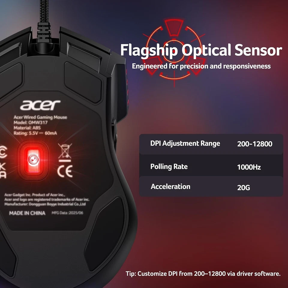 acer Wired Gaming Mouse, 12800 DPI Mouse RGB, 1000Hz Polling Rate, 8...  - Image 2 of 4