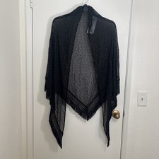 NWT Scala Holiday Party Black Beaded Sheer Fringe Women  s Shawl Open Front Lux